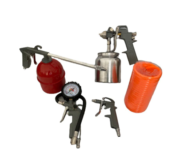 Set 5 accesorii compresor, pistol cu aer, pistol de umflat, pistol pulverizare, furtun si pompita de gresare
