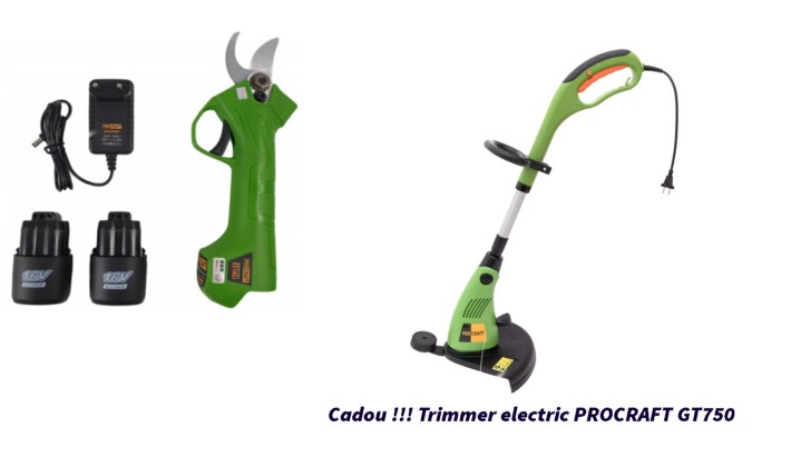 Pachetul Gradinarului !! Foarfeca electrica pentru vita de vie/crengi ProCraft, 2 Ah, lama otel japonez, acumulator, incarcator CADOU !!!!! Trimmer electric PROCRAFT GT750, 750W, 10000 rot/min, 300 mm latime taiere