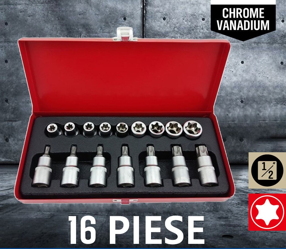 Trusa chei tubulare torx si capete biti torx 16 piese 