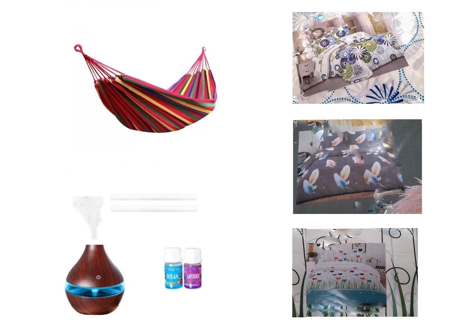 PROMOTIE IMBATABILA! UMIDIFICATOR AROMATERAPIE + SET 2 ULEIURI AROMATERAPIE + HAMAC + LENJERIE DE PAT 6 PIESE DIN FINET 185X230 CM MODEL FLORAL