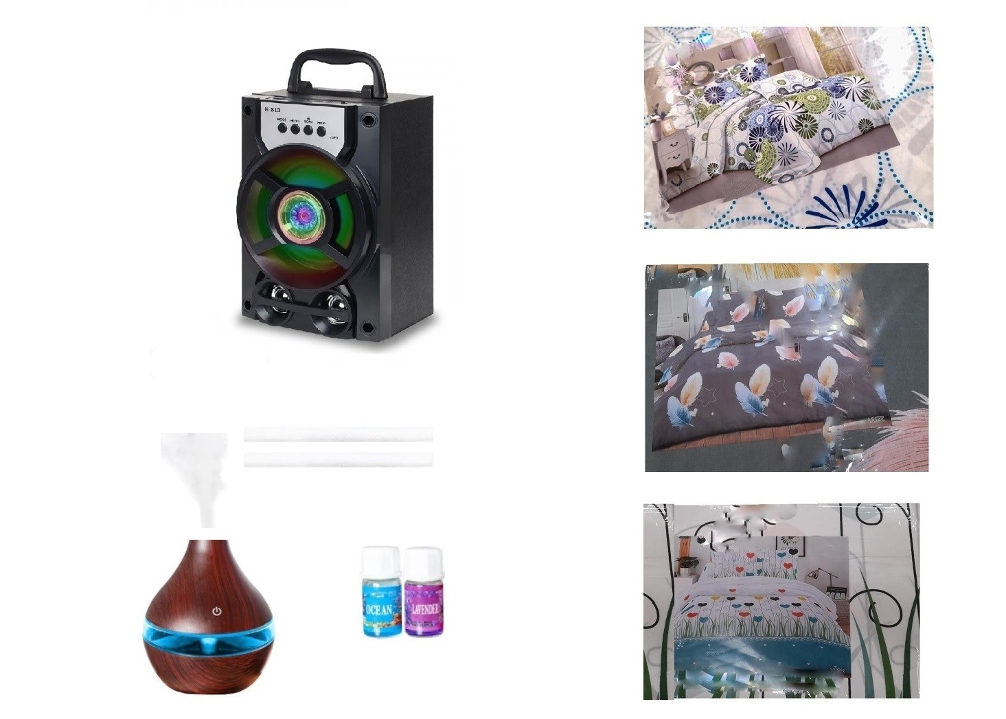 PROMOTIE IMBATABILA! UMIDIFICATOR AROMATERAPIE + SET 2 ULEIURI AROMATERAPIE + BOXA PORTABILA + LENJERIE DE PAT 6 PIESE DIN FINET 185X230 CM MODEL FLORAL